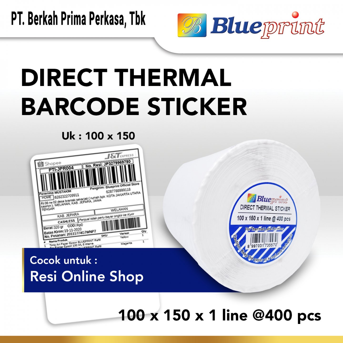 Direct Thermal Sticker / Label Stiker BLUEPRINT 100x150mm (Isi 400 ...