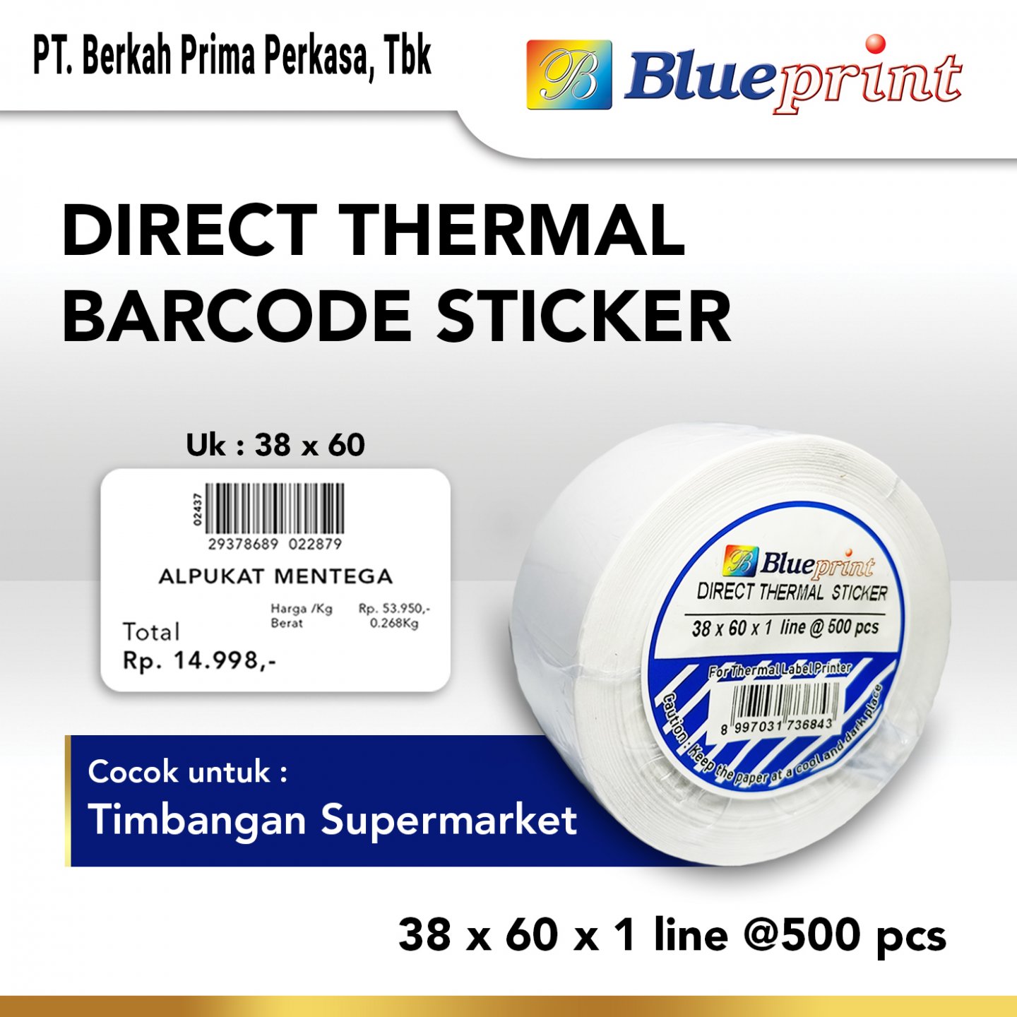 Direct Thermal Sticker / Label Stiker BLUEPRINT 38x60x1 Line Isi 500 ...