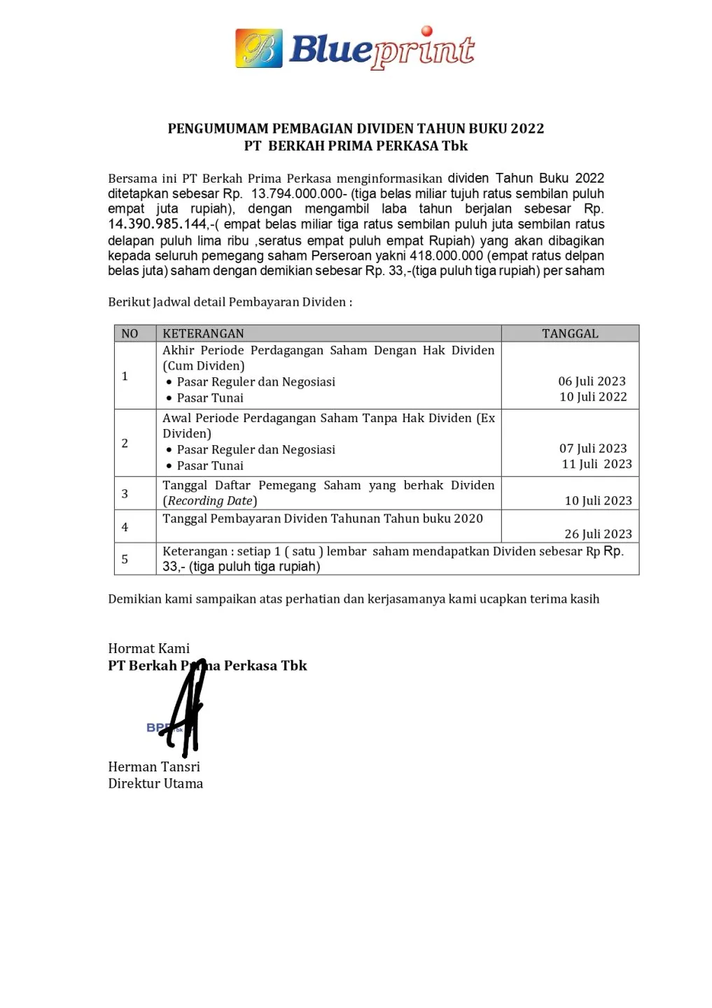 Pengumuman Pembagian Dividen Tahun Buku Hubungan Investor Blueprint Indonesia