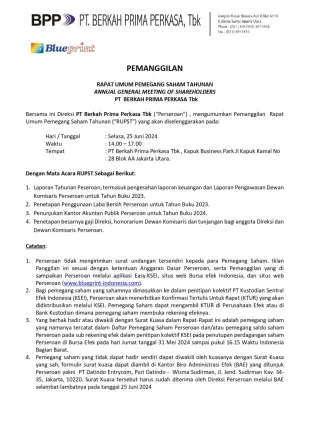 Hubungan Investor PANGGILAN RAPAT UMUM PEMEGANG SAHAM RUPS 25 JUNI 2024