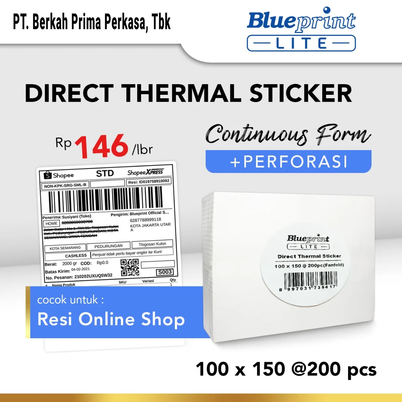 Direct Thermal Sticker Label Resi Blueprint Lite 100x150 Mm 200pcs Cf